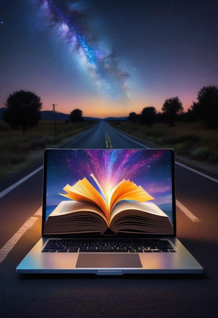A mysterious book with glowing pages floating above a laptop, symbolizing the secrets of blogging, surrounded by colorful light bulbs representing ideas, and an open road leading into the horizon to suggest elevation, all under a starry night sky. super-realistic. vibrant colors. 3D.